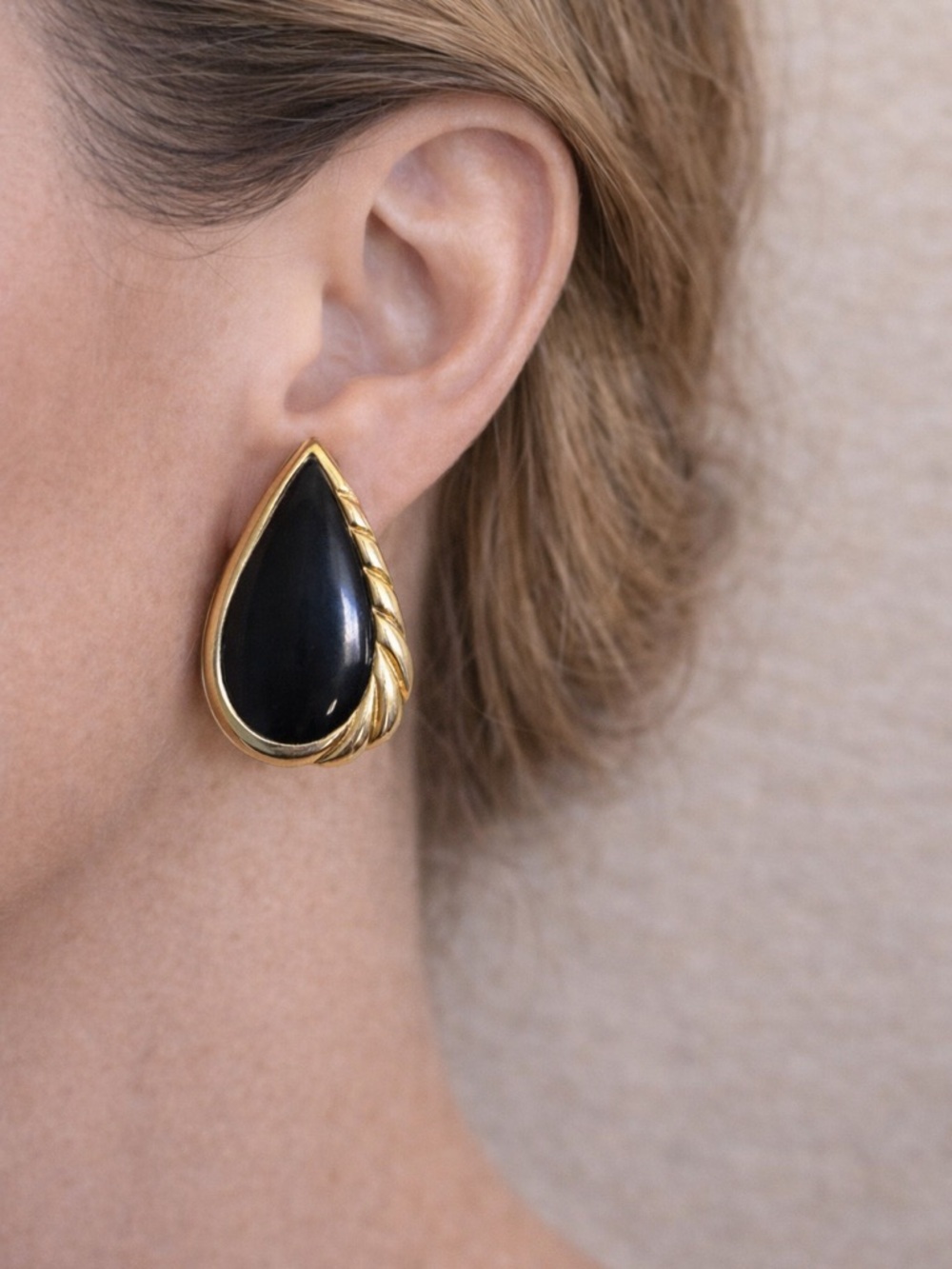 Vintage Black Teardrop Earrings Gold Trim Statement Stud Large
